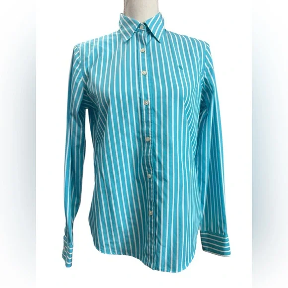 Lauren Ralph Lauren Non-Iron Blue White Striped Button Down Shirt Women’s Small - Picture 2 of 8